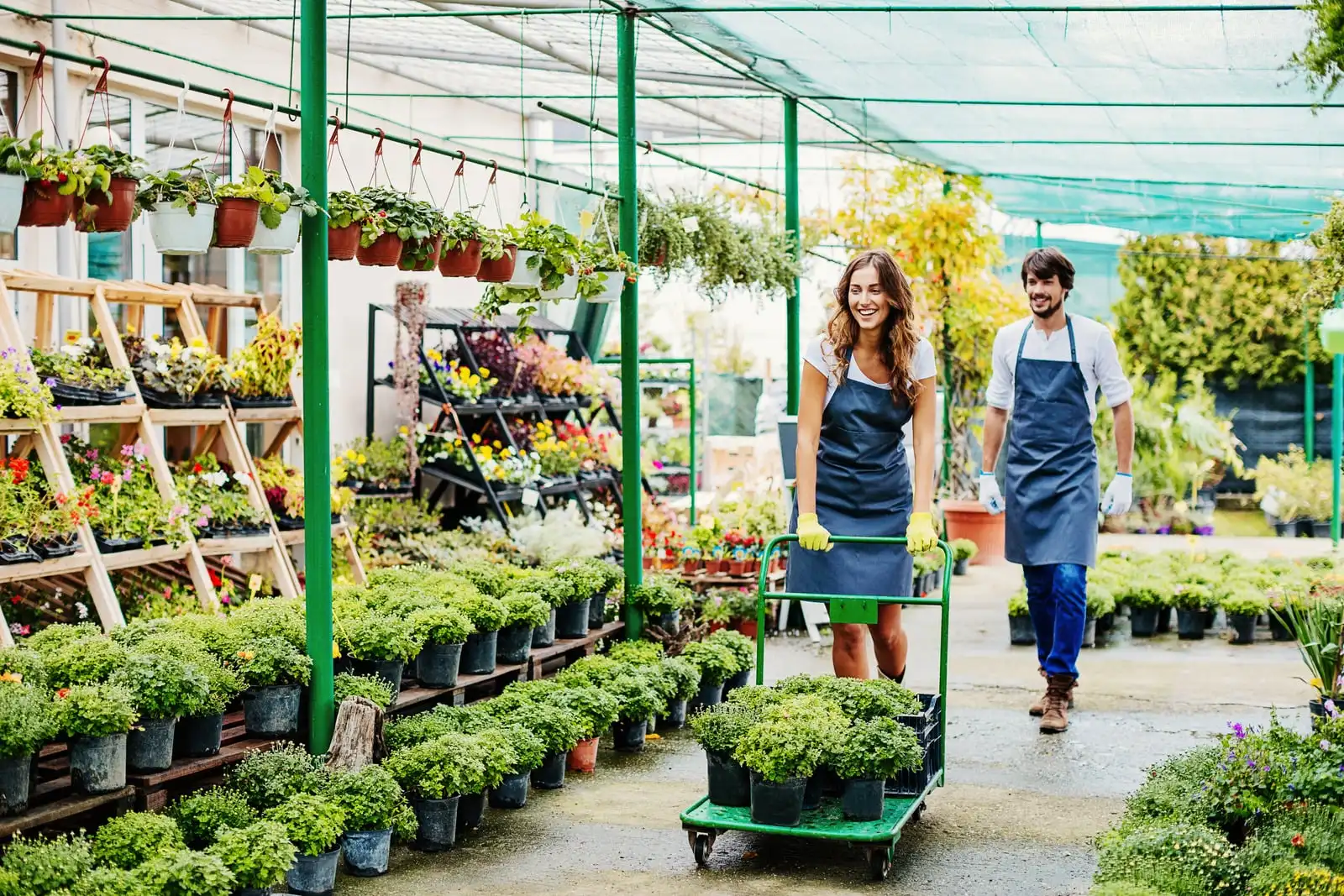 garden nursery near me Kentucky plants and flowers Two nursery workers in blue aprons push a green cart full of potted plants down an aisle among flowers and greenery.